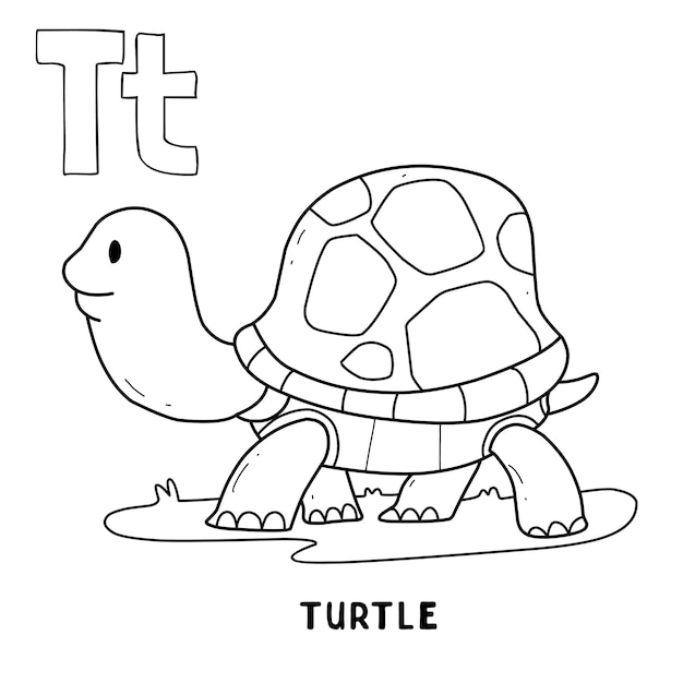 Alphabet animal tortue à colorier avec mot dessin animé animal lettre dessiné à la main