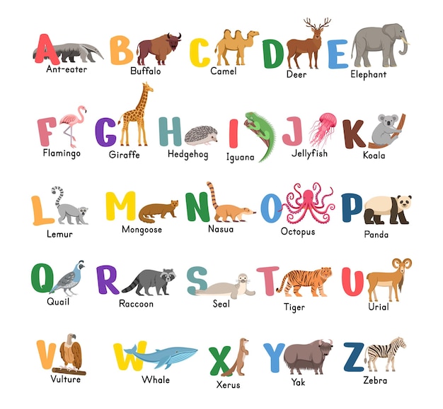 Vecteur alphabet avec des animaux isolés sur blanc