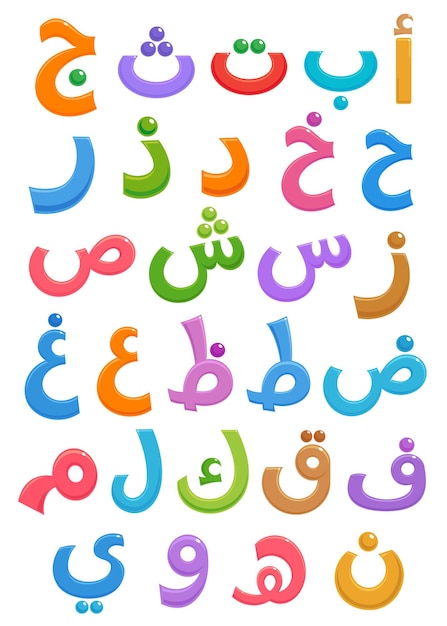 Vecteur alphabet arabe ensemble d'arabe abc 28 lettres affiche d'activité d'éducation scolaire de dessin animé pour les enfants