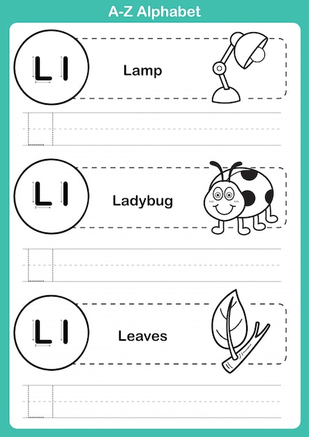 Vecteur alphabet az exercice avec vocabulaire de dessin animé pour cahier de coloriage