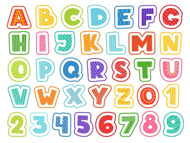 Alphabet de bande dessinée. Lettres colorées mignonnes de signes et de symboles pour les écoliers et les enfants