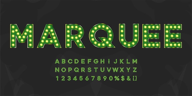 Alphabet De Chapiteau Brillant Vert Avec Chiffres Et Lumière Chaude Lettres Lumineuses Vintage Pour Logo Texte