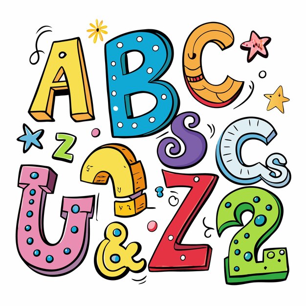 Alphabet et chiffres colorés dessinés à la main avec des étoiles et des tourbillons
