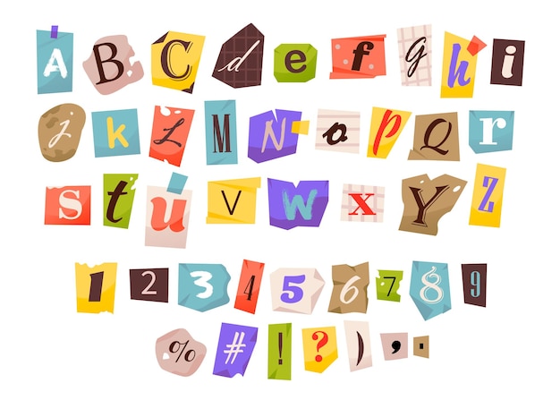 Alphabet et chiffres de découpage. Lettres coupées. Lettres anonymes découpées dans des magazines. Police vectorielle