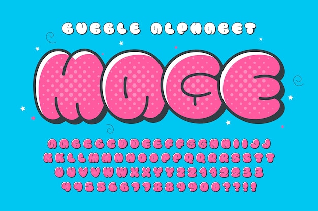 Vecteur alphabet comique à la mode en forme de bulle, dessin de police de caractères colorée