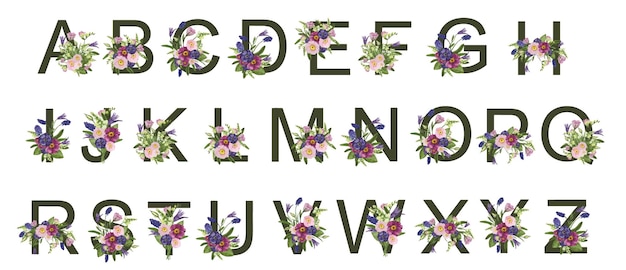 Vecteur alphabet complet aquarelle avec de belles fleurs de printemps