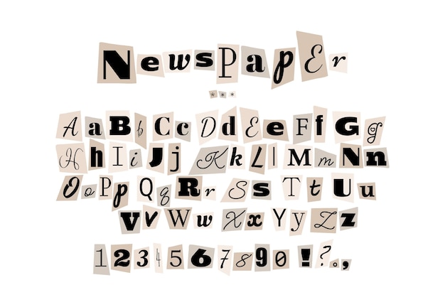 Vecteur alphabet dans le style des messages anonymes. lettres découpées dans un journal sur une feuille blanche