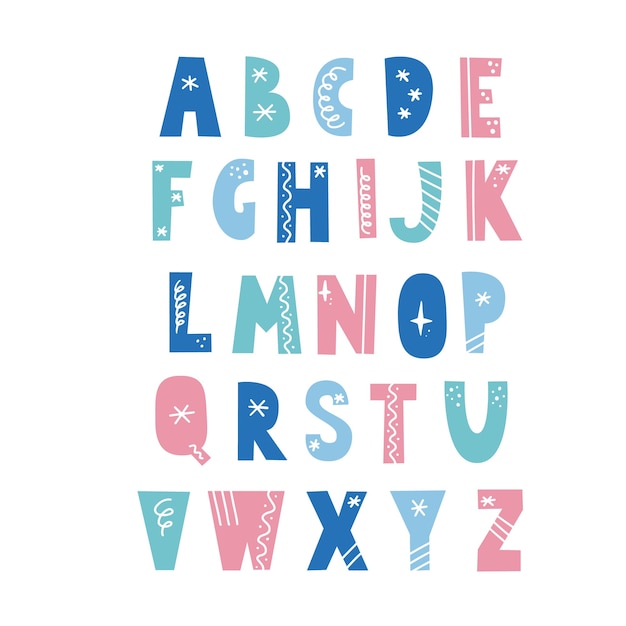 Alphabet Dans Un Style Scandinave Avec Des éléments De Noël, Flocon De Neige, étoile, Ligne. Police De Vacances De Noël. Lettre De Couleur.