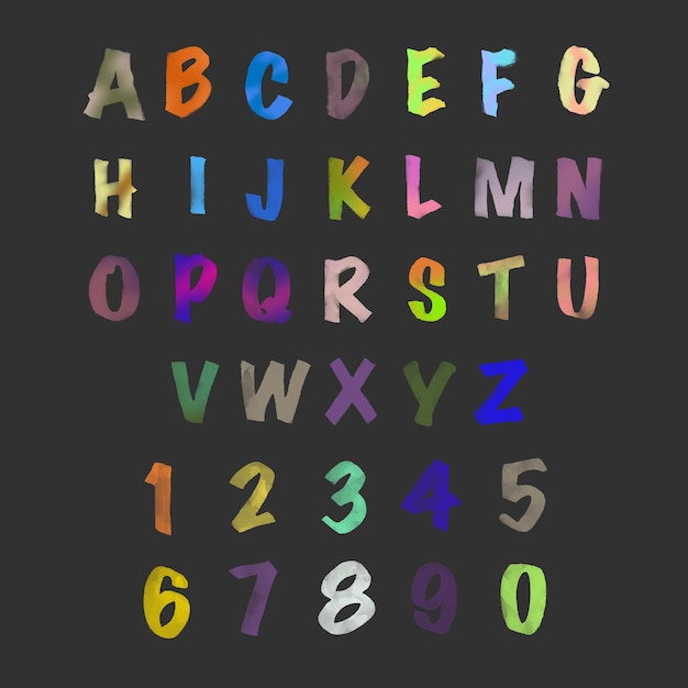 Alphabet découpé en papier aquarelle et ensemble d'illustrateurs de typographie numérique