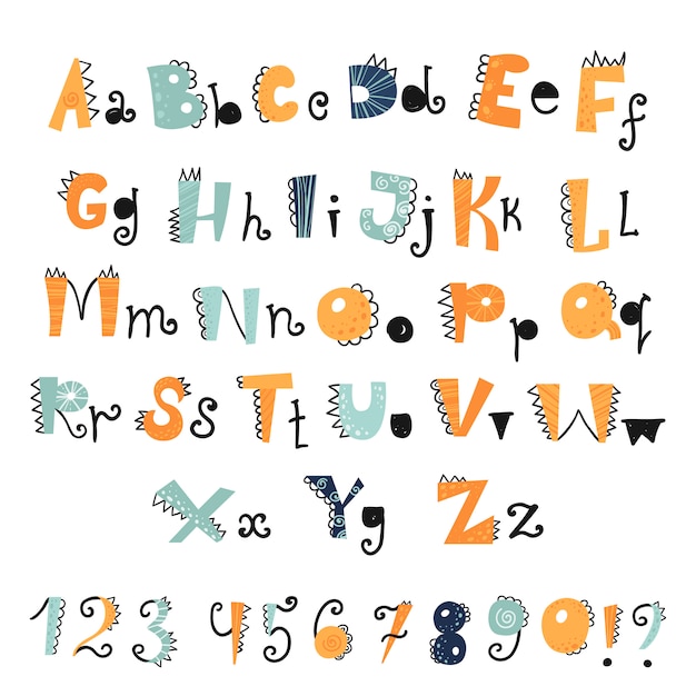 Vecteur alphabet dino drôle et chiffres