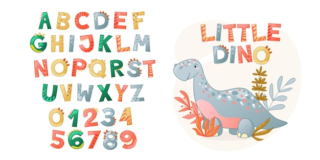 Alphabet De Dinosaure Mignon De Dessin Animé. Police Dino Avec Lettres Et Chiffres. Enfants Illustration Vectorielle Pour T-shirts, Cartes, Affiches, événements De Fête D'anniversaire, Conception De Papier, Conception D'enfants Et De Crèche