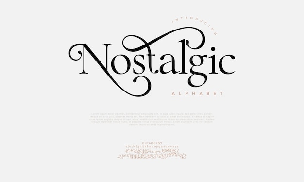 L'alphabet élégant, les lettres et les chiffres, la typographie de mariage vintage, les serifs classiques.