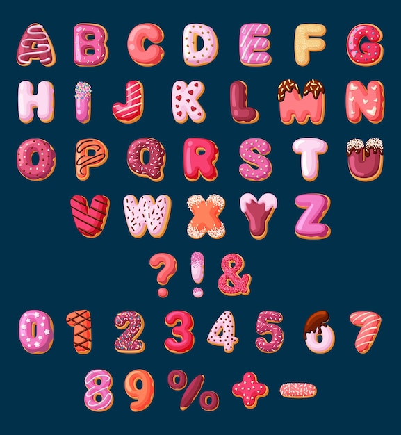 Vecteur alphabet de l'ensemble de bonbons. police lumineuse à base de produits de boulangerie et de beignets avec dessert éducatif à la crème pour les enfants avec des lettres et des chiffres de gâteaux décoratifs. caramel de dessin animé de vecteur.