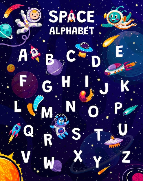 Vecteur alphabet de l'espace de dessin animé abc avec des enfants astronautes