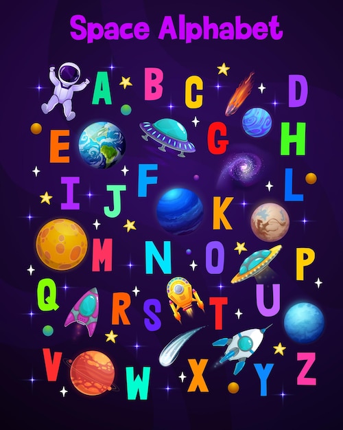 Alphabet De L'espace De Dessin Animé Police Colorée Enfantine