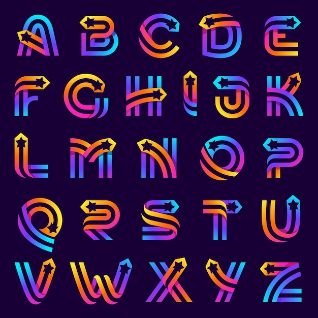 Alphabet Avec étoile à L'intérieur. Icône De Lignes Parallèles De Vecteur. Police Parfaite Pour Les étiquettes Multicolores, L'impression Spatiale, Les Affiches De La Vie Nocturne, Etc.