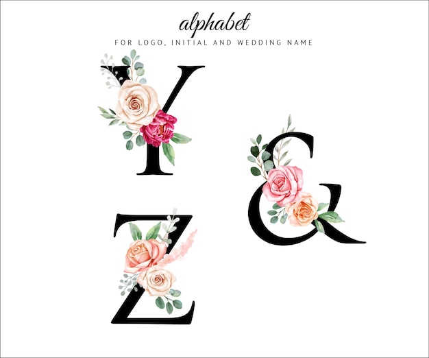 Alphabet floral aquarelle sertie de fleurs et de feuilles