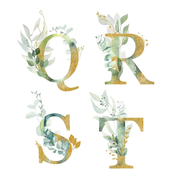 Vecteur alphabet floral, lettre q, p, s, t avec aquarelle vert et feuille d'or.