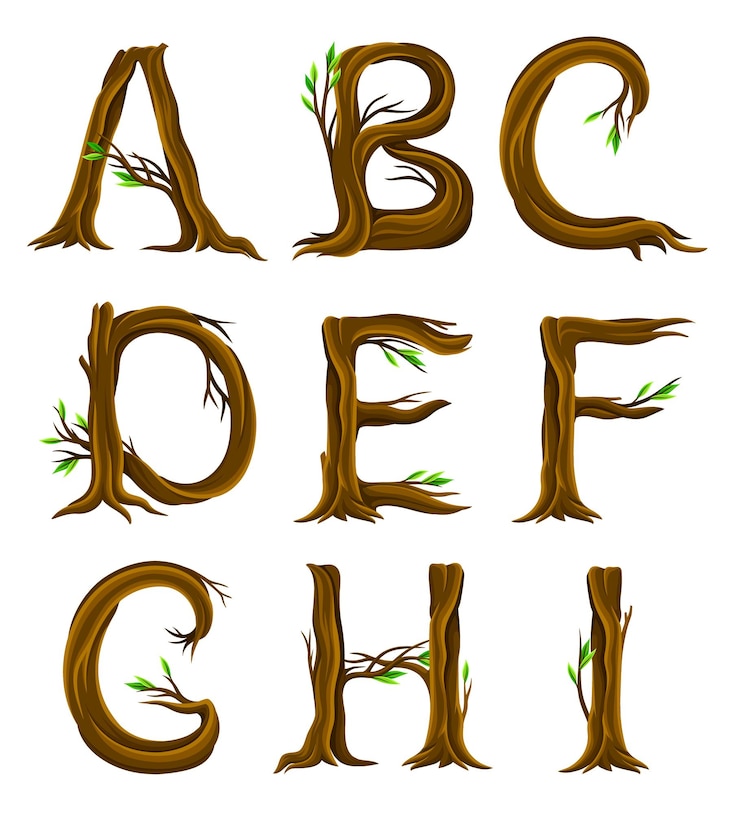 Vecteur alphabet forestier avec des lettres disposées à partir d'un ensemble vectoriel de troncs et de branches d'arbres