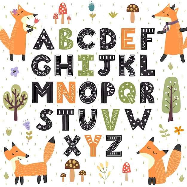 Alphabet De La Forêt Avec Des Renards Mignons. Lettres Dessinées à La Main De A à Z