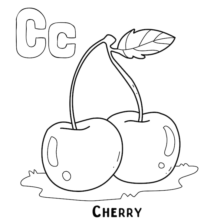 Vecteur alphabet fruit cerise à colorier avec mot dessin animé de fruits lettre dessinés à la main