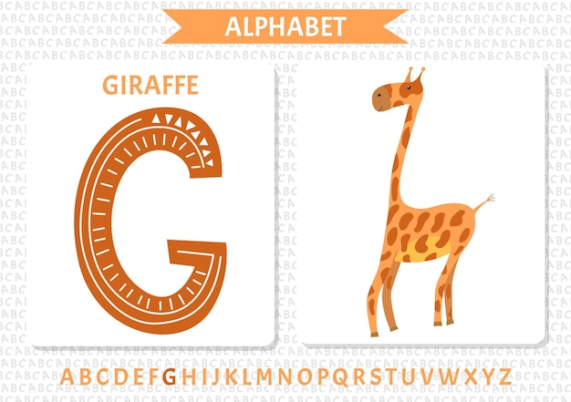 Un alphabet avec une girafe et une lettre g.