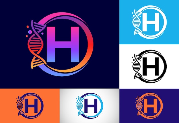 Alphabet initial du monogramme H dans un cercle avec de l'ADN. Concept de conception de logo génétique. Logo pour la médecine, la science, le laboratoire, l'entreprise et l'identité de l'entreprise