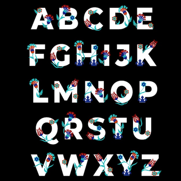 Alphabet De Lettrage Avec Des Motifs Floraux Turcs.