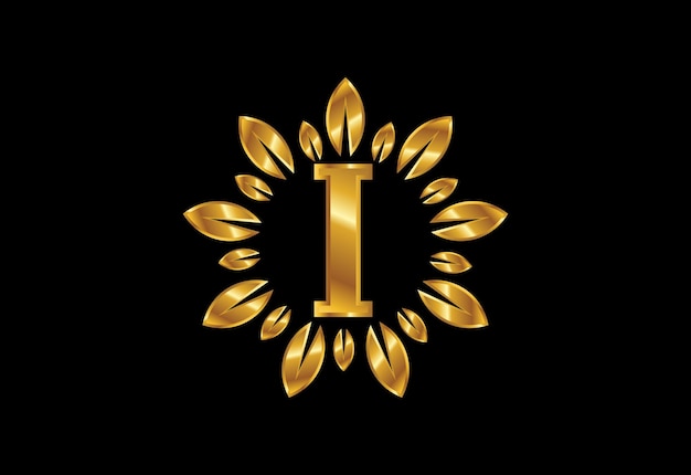 Vecteur alphabet de lettre monogramme i initial avec couronne de feuilles d'or. concept de design de logo de fleur