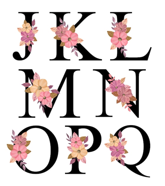 Alphabet lettres majuscules Design J - Q avec bouquet de fleurs roses dessinées à la main