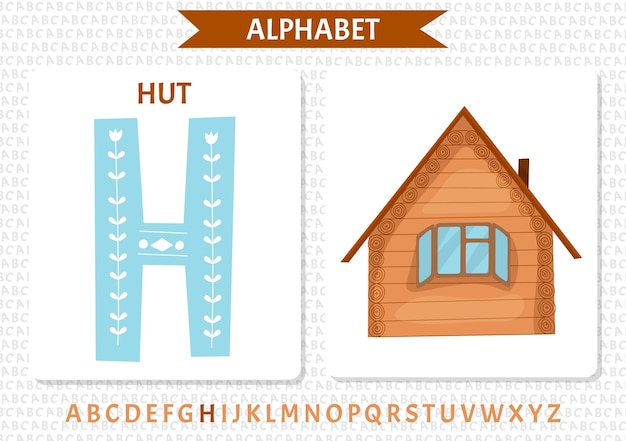 Alphabet avec une maison en bois et une maison avec la lettre h dessus