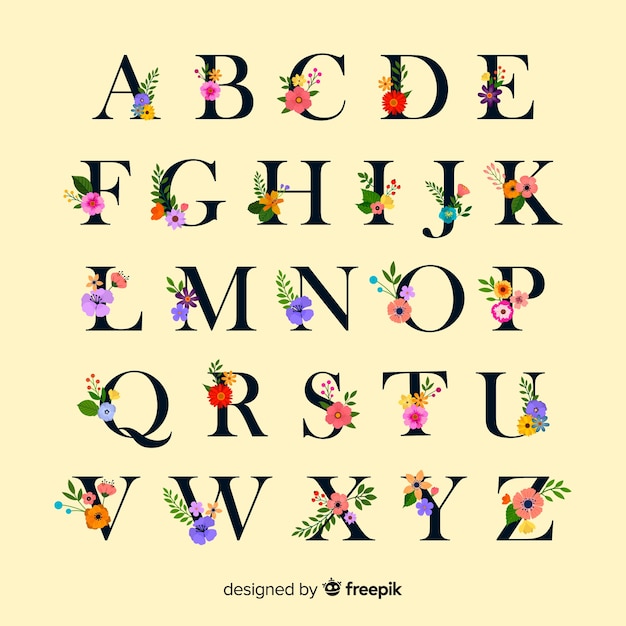 Vecteur alphabet plat avec des fleurs