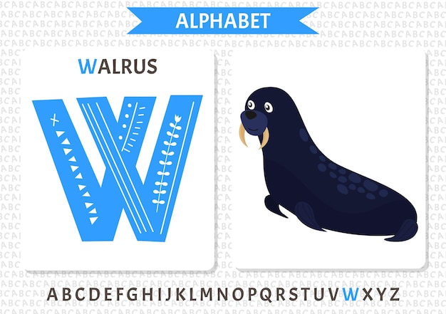 Alphabet Scandinave Vectoriel Alphabet Pour Enfants De Dessin Animé Conception Dessinée à La Main Pour Apprendre Les Lettres Excellent Pour La Conception De Cartes Postales Affiches Autocollants Et Ainsi De Suite W Walrus