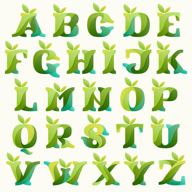 Alphabet tourbillonnant avec des feuilles vertes. Police d'empattement de dalle