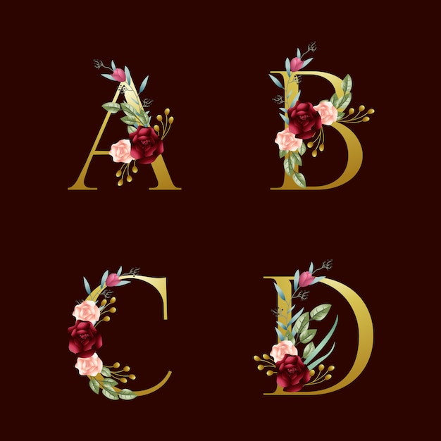 Alphabets Floraux Bordeaux Et Blush Doré