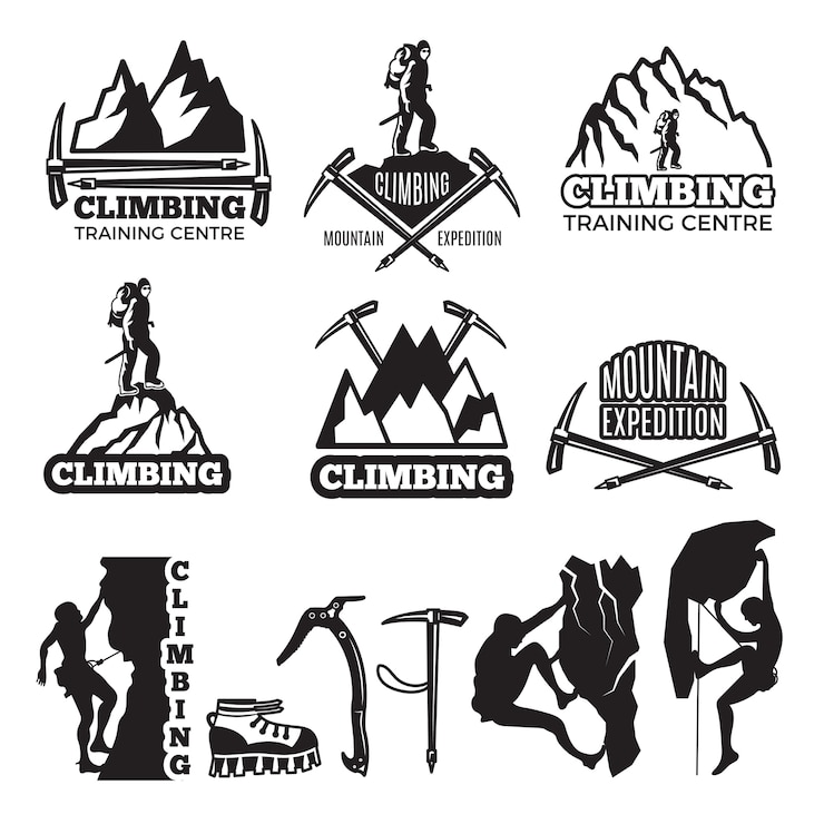 Vecteur alpinisme et équipements différents. modèle d'étiquettes avec place pour votre texte. escalade silhouette insigne extrême, illustration d'escalade d'exploration de logo