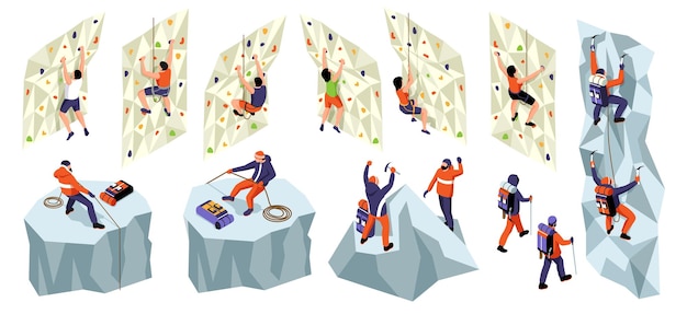 Vecteur alpinisme d'escalade isométrique sertie d'icônes isolées d'athlètes suspendus par des murs sur des cordes avec illustration vectorielle d'équipement