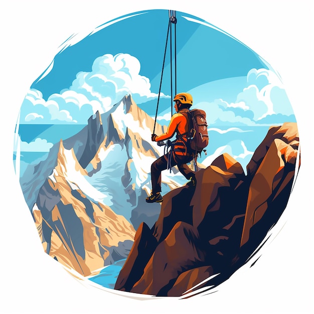 Vecteur un alpiniste en rappel d'une belle montagne dans le style des dessins animés