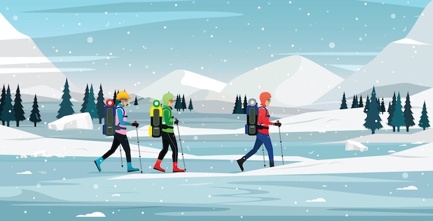 Vecteur les alpinistes marchent jusqu'à la montagne de glace.