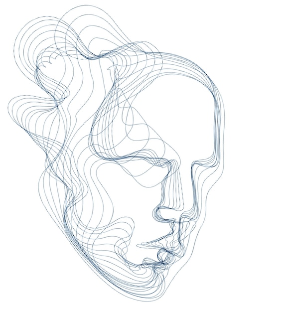 Âme Numérique De La Machine, Visualisation Logicielle De L'intelligence Artificielle De La Tête Humaine Faite De Particules En Pointillés Qui Coule Dans Un Réseau De Lignes D'ondes. époque Technique Période D'évolution.