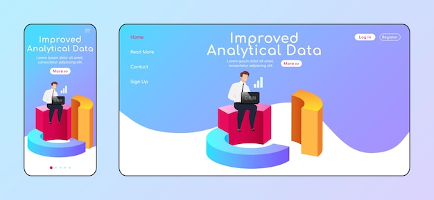 Amélioration Du Modèle De Couleur Plat De Page De Destination Adaptative Pour Les Données Analytiques. Homme D'affaires Avec Mise En Page D'accueil Mobile Et Pc Portable. Interface Utilisateur Du Site Web D'une Page Crm. Conception Multiplateforme De Page Web De Diagramme