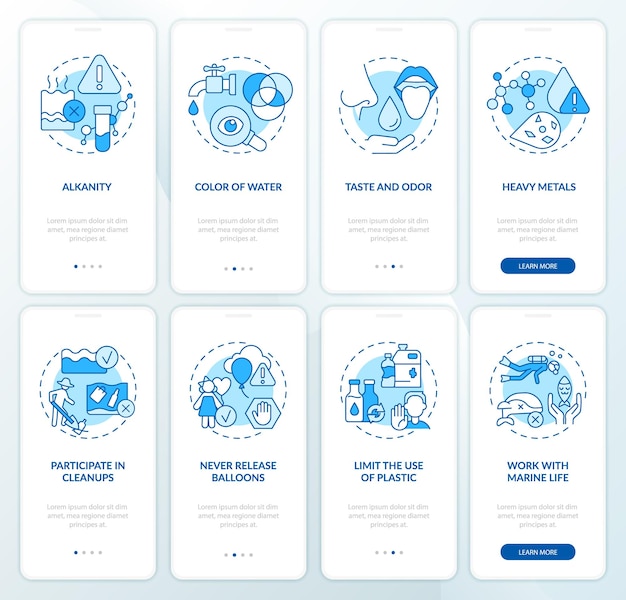 Améliorer la qualité de l'eau ensemble d'écrans d'application mobile d'intégration bleu Procédure pas à pas de mesure Pages d'instructions graphiques en 4 étapes avec des concepts linéaires Modèle d'interface utilisateur graphique UI UX Myriad ProBold Polices régulières utilisées