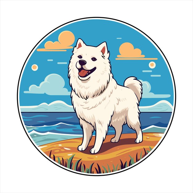 Vecteur american eskimo dog breed cute cartoon kawaii character plage animal d'été étiquette pour animaux de compagnie illustration