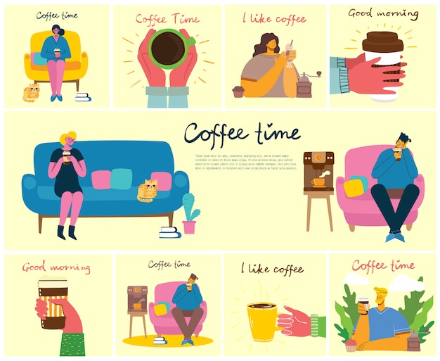 Ami De Gens Souriant, Boire Du Café Et Parler. Cartes Conceptuelles De Temps De Café, De Pause Et De Relaxation. Illustration Dans Un Style Design Plat