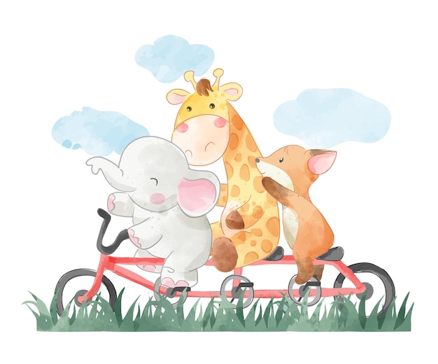 Vecteur amis animaux mignons chevauchant une longue illustration de vélo