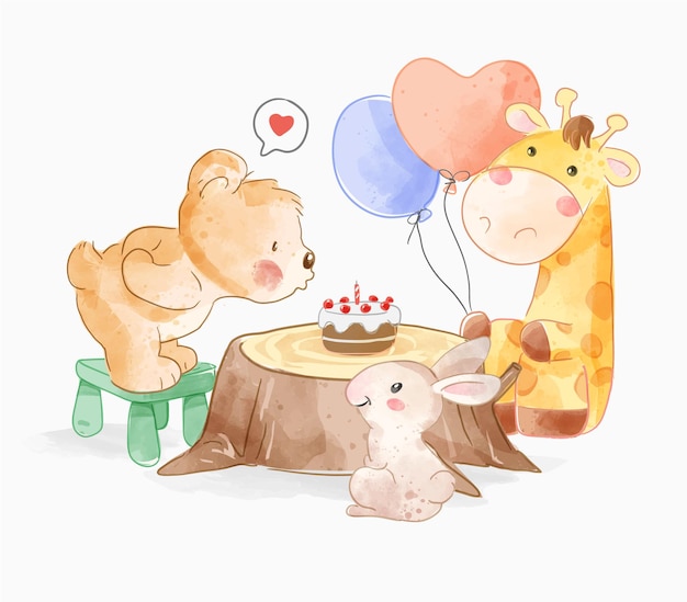 Amis Animaux Mignons Avec Gâteau D'anniversaire Sur L'illustration De La Souche D'arbre