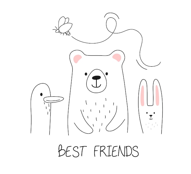 Amis Des Animaux Avec Mot Meilleurs Amis Dans La Ligne De Style Doodle