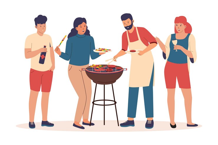 Vecteur des amis à un barbecue en plein air.