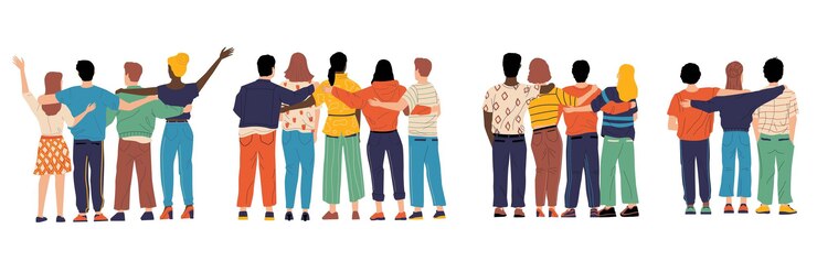 Amis de derrière Embrasser des personnages heureux vue de dos illustration d'amitié avec des garçons et des filles debout ensemble Groupe d'amis hommes et femmes ensemble de vecteurs de bonnes relations