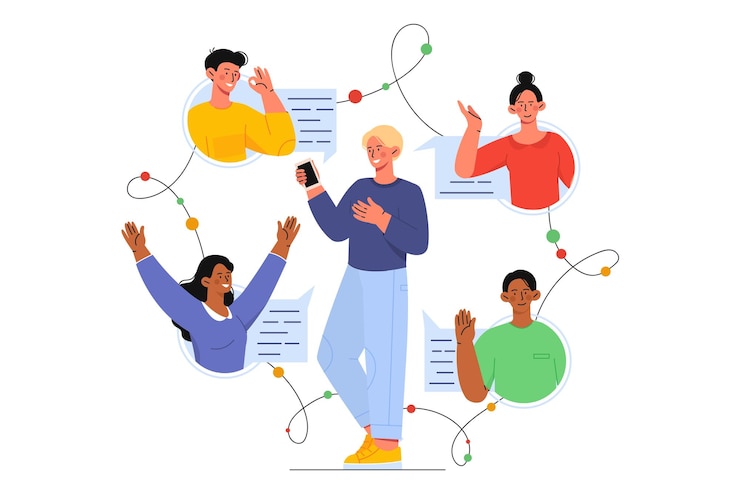Vecteur amis discutent dans le concept de messagers les hommes et les femmes communiquent dans les réseaux sociaux interaction internet communication mondiale et connexion sans fil illustration vectorielle plate de dessin animé